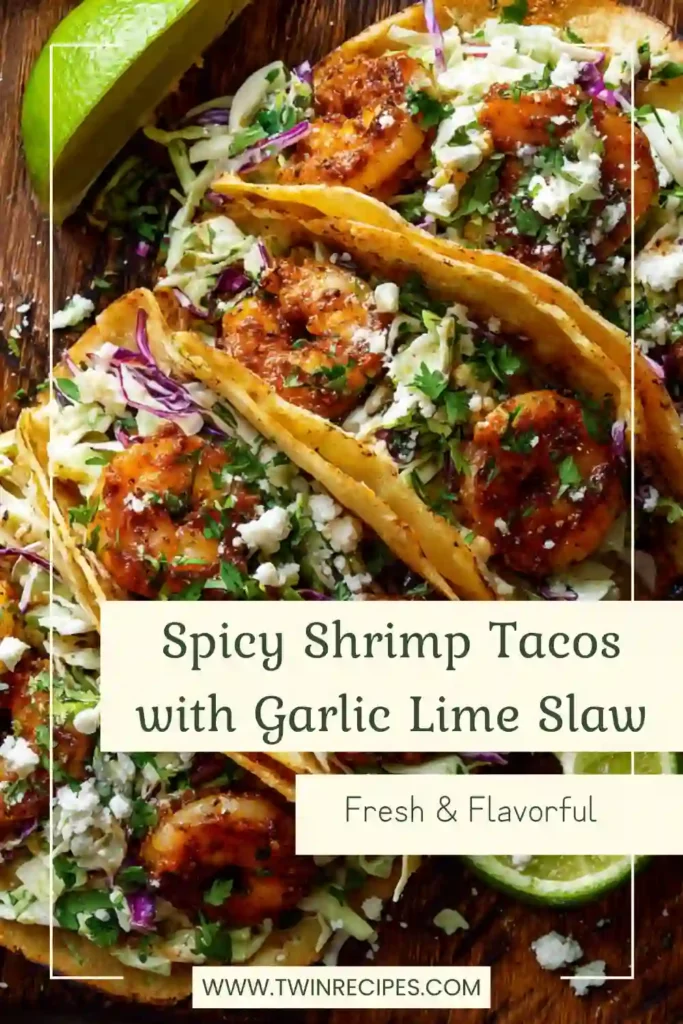 Spicy shrimp tacos with garlic lime slaw and avocado slices on tortillas.