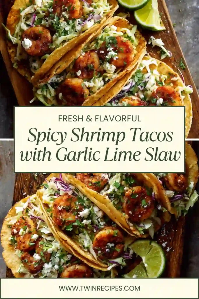 Fresh shrimp tacos topped with creamy lime slaw and cilantro.