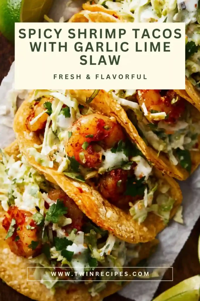 Juicy shrimp with slaw served in corn tortillas on a white plate.