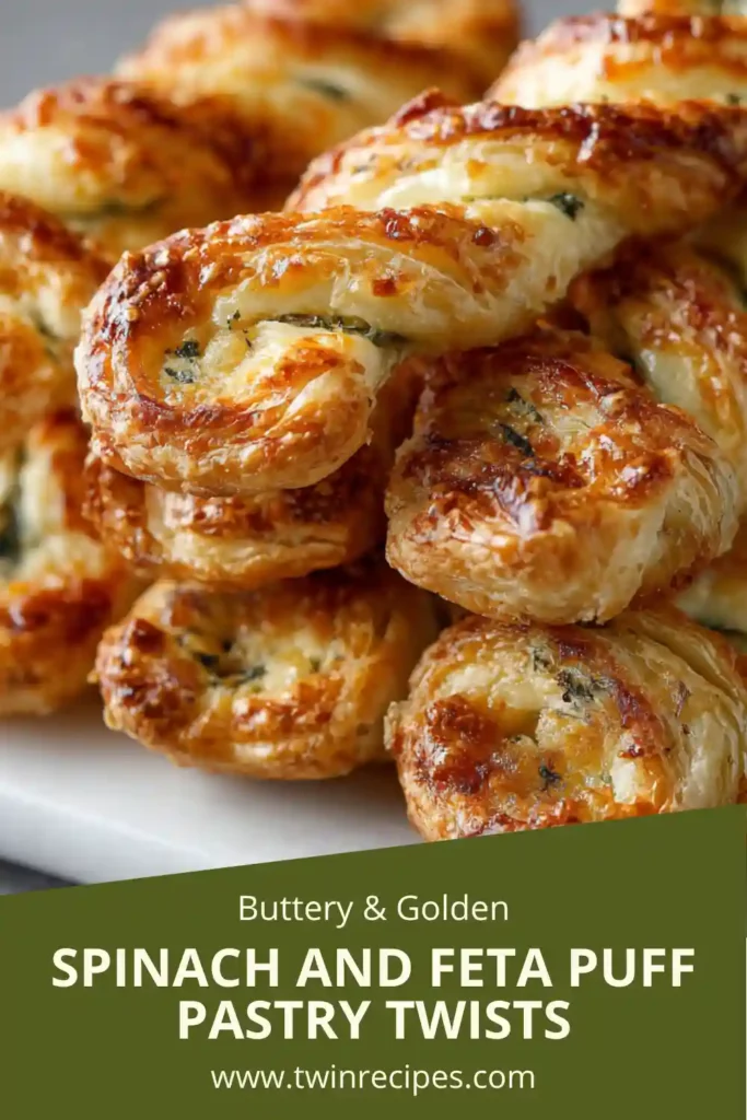 Spinach and feta puff pastry twists on a serving platter.