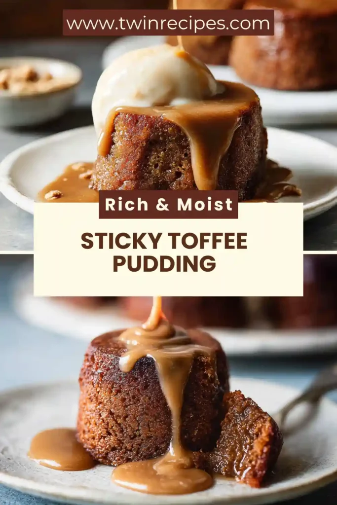 Individual serving of sticky toffee pudding with vanilla ice cream.