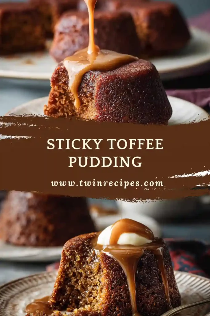 Warm British date pudding topped with toffee sauce.
