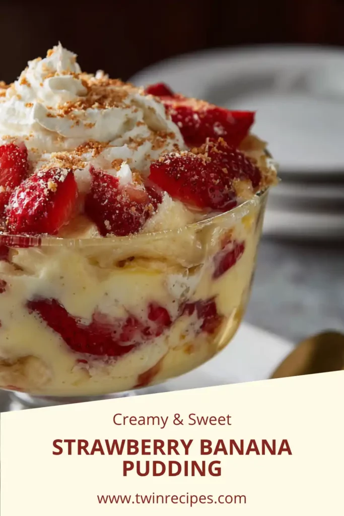 Layered strawberry banana pudding in a glass trifle dish.