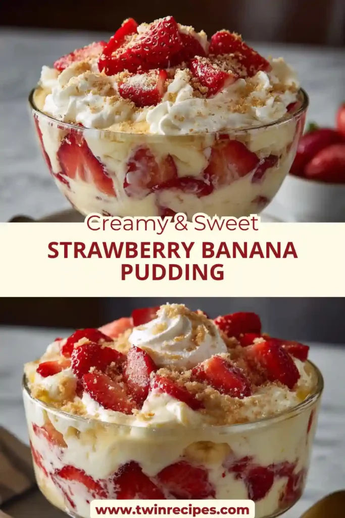 Individual strawberry banana pudding cups with whipped cream.