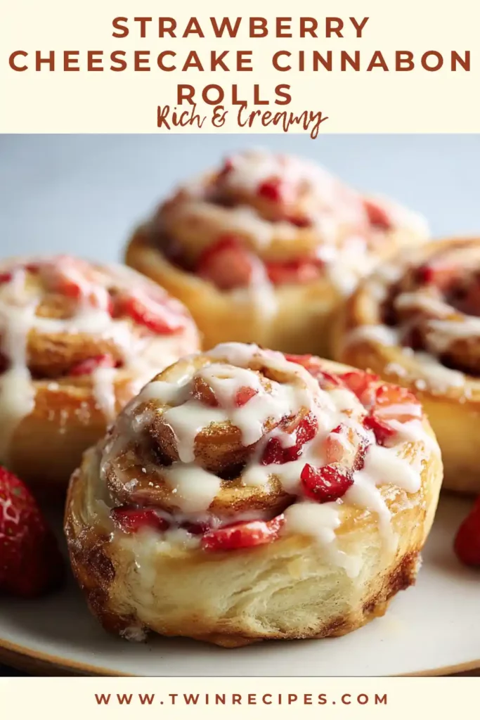 Strawberry cheesecake cinnamon rolls with cream cheese frosting.