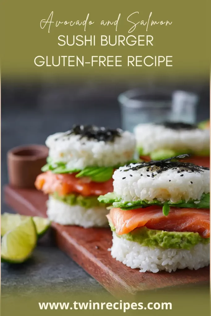 Close-up of sushi burger showing layers of salmon, avocado, and sticky rice.
