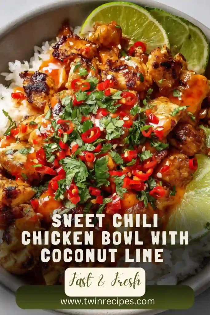 Sweet Chili Chicken Bowl drizzled with creamy coconut lime sauce.