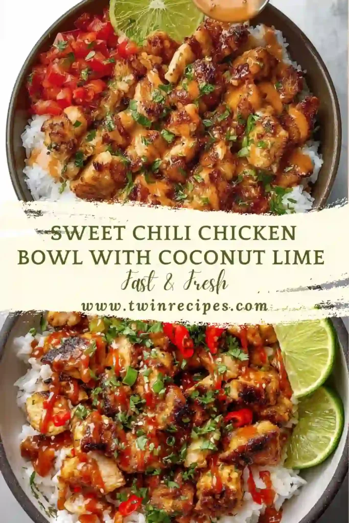 Colorful rice bowl with glazed chicken and fresh vegetables.