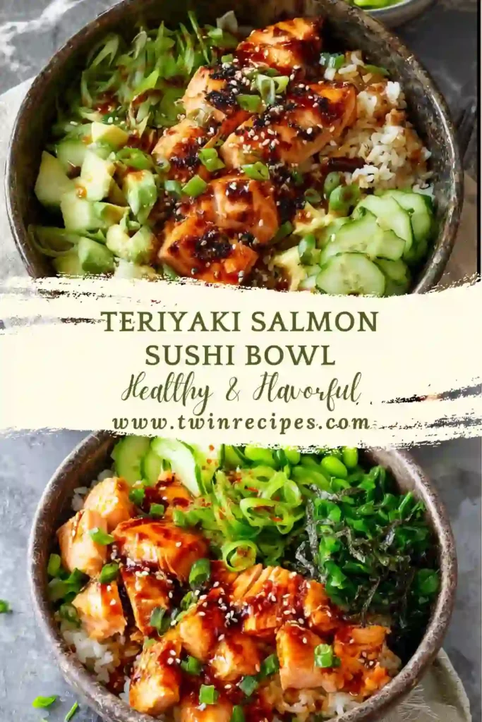 Healthy teriyaki salmon bowl served with rice and vegetables.