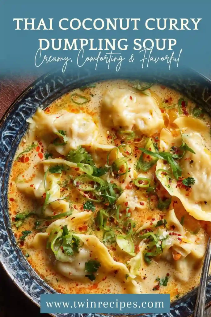 Creamy coconut curry soup with dumplings and vegetables.