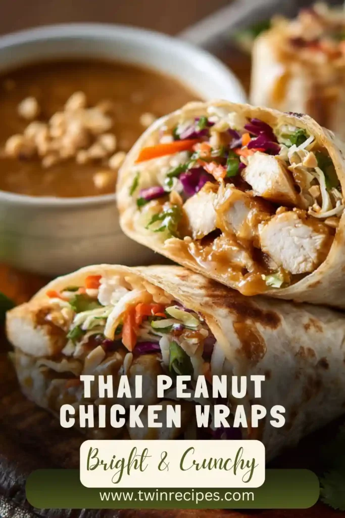 Thai peanut chicken wraps cut in half showing colorful veggies and sauce.