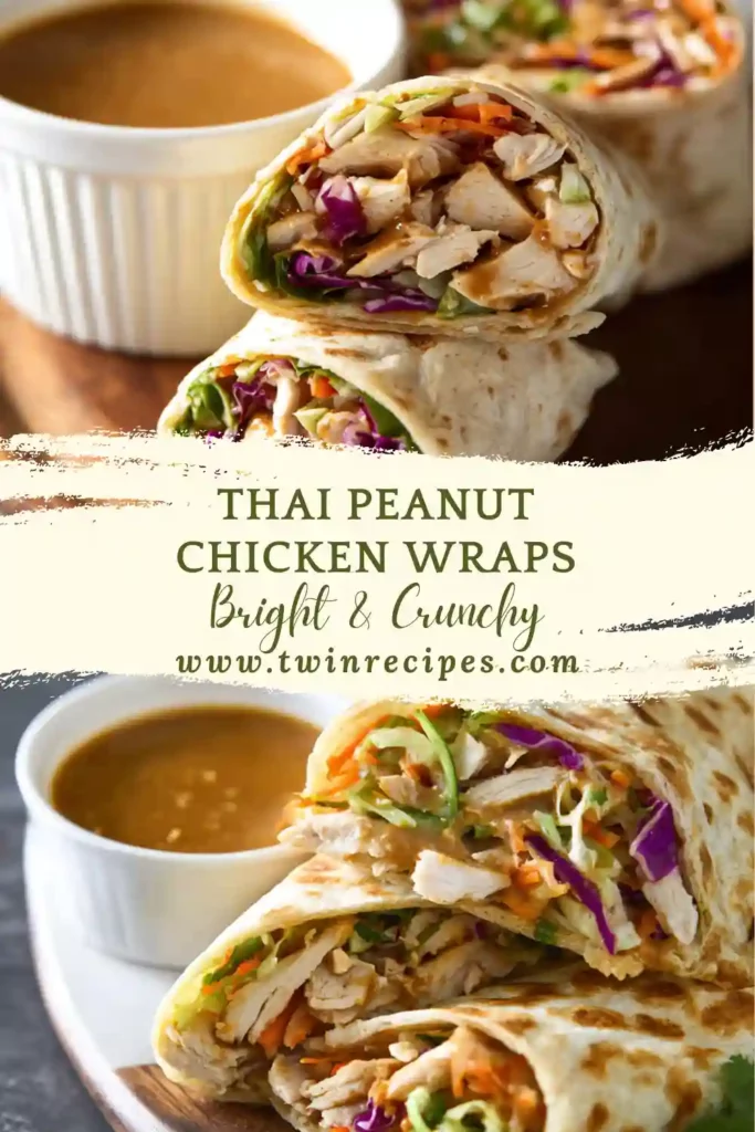 Fresh Thai peanut chicken wraps on a wooden board with lime wedges.