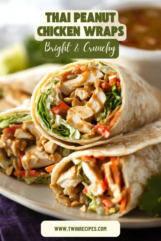 Soft tortilla wraps filled with chicken, peanut sauce, and crunchy vegetables.