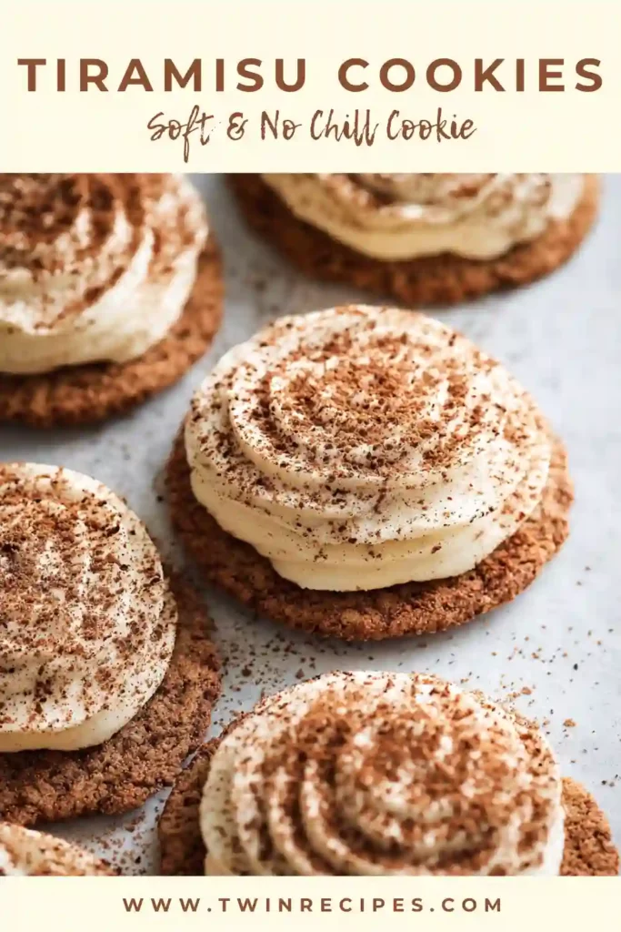 Soft tiramisu cookies topped with mascarpone cream and cocoa powder.