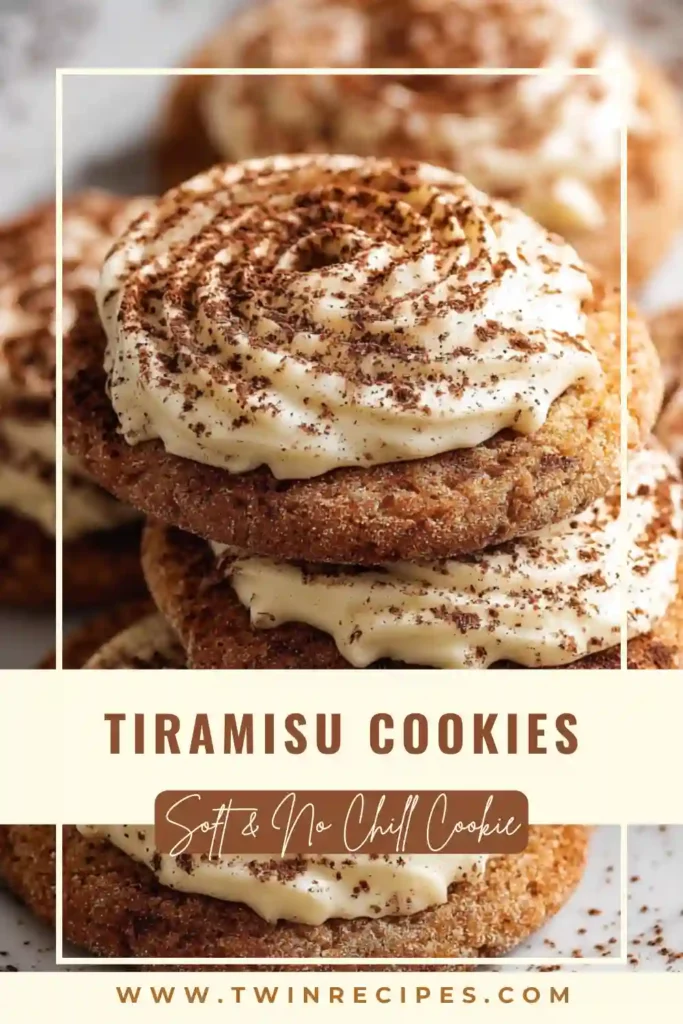 No-chill tiramisu cookies with cocoa dusting on a baking sheet.