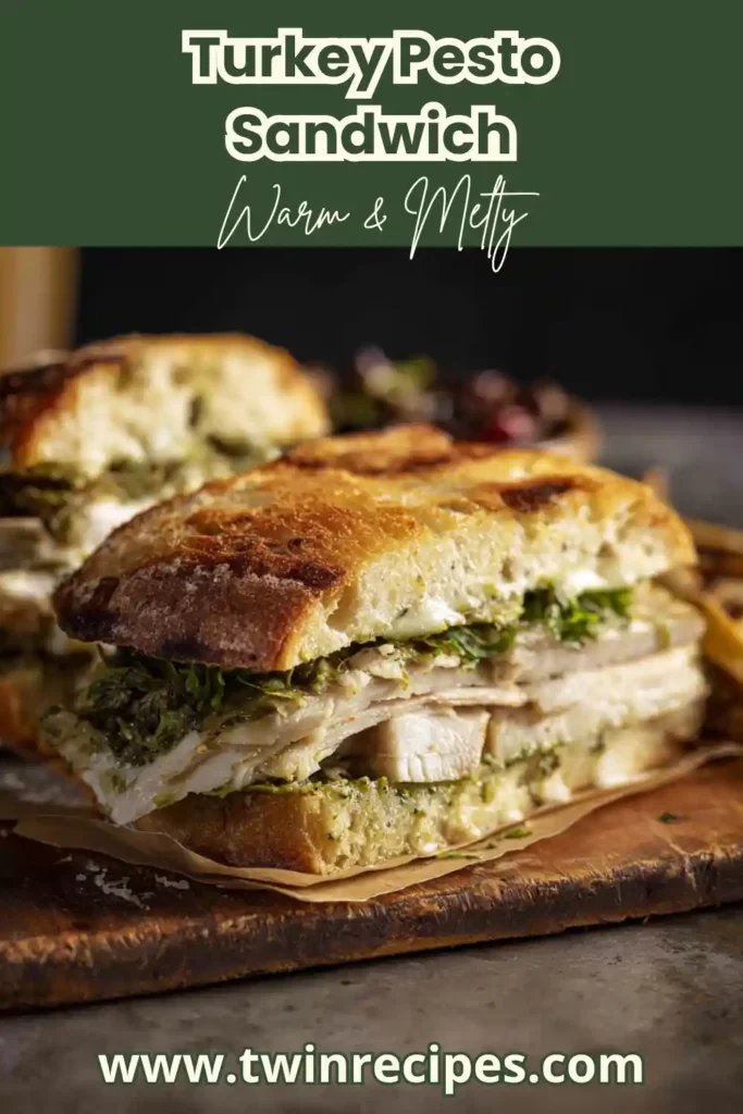 Turkey and pesto sandwich on sourdough bread with golden crust.