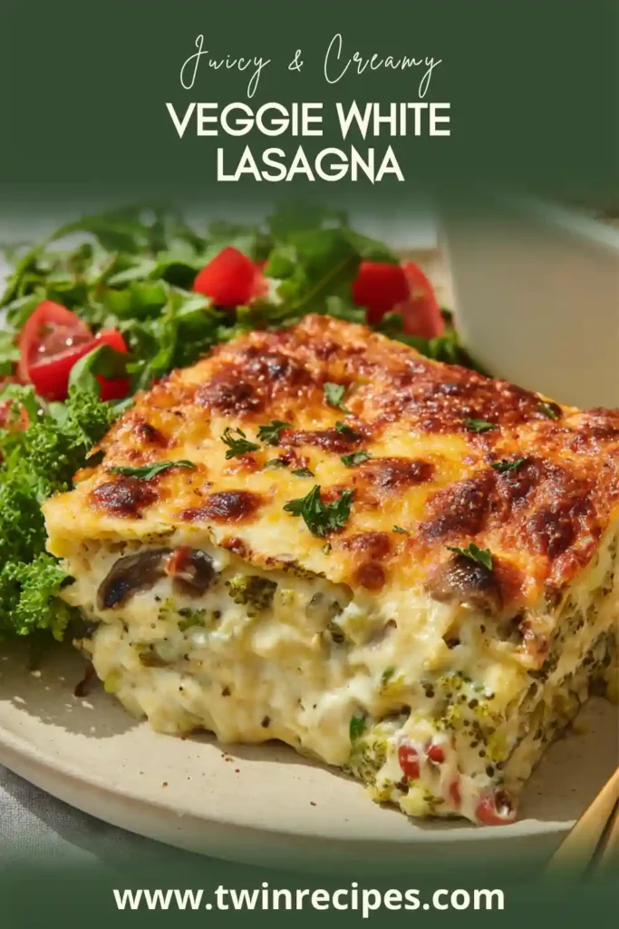 Baked white lasagna topped with golden mozzarella and herbs.
