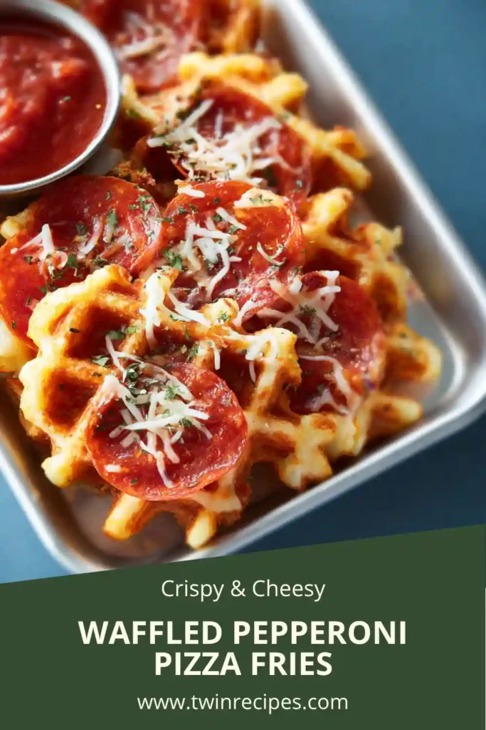 Waffled pepperoni pizza fries with melted cheese and marinara sauce.