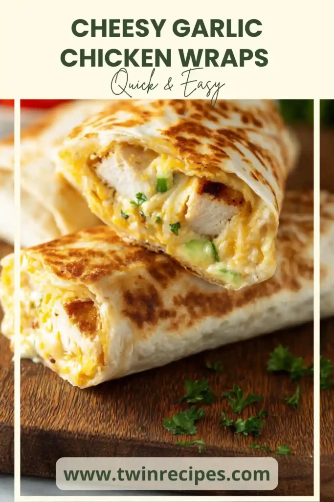 Easy cheesy garlic chicken wraps on a wooden cutting board.
