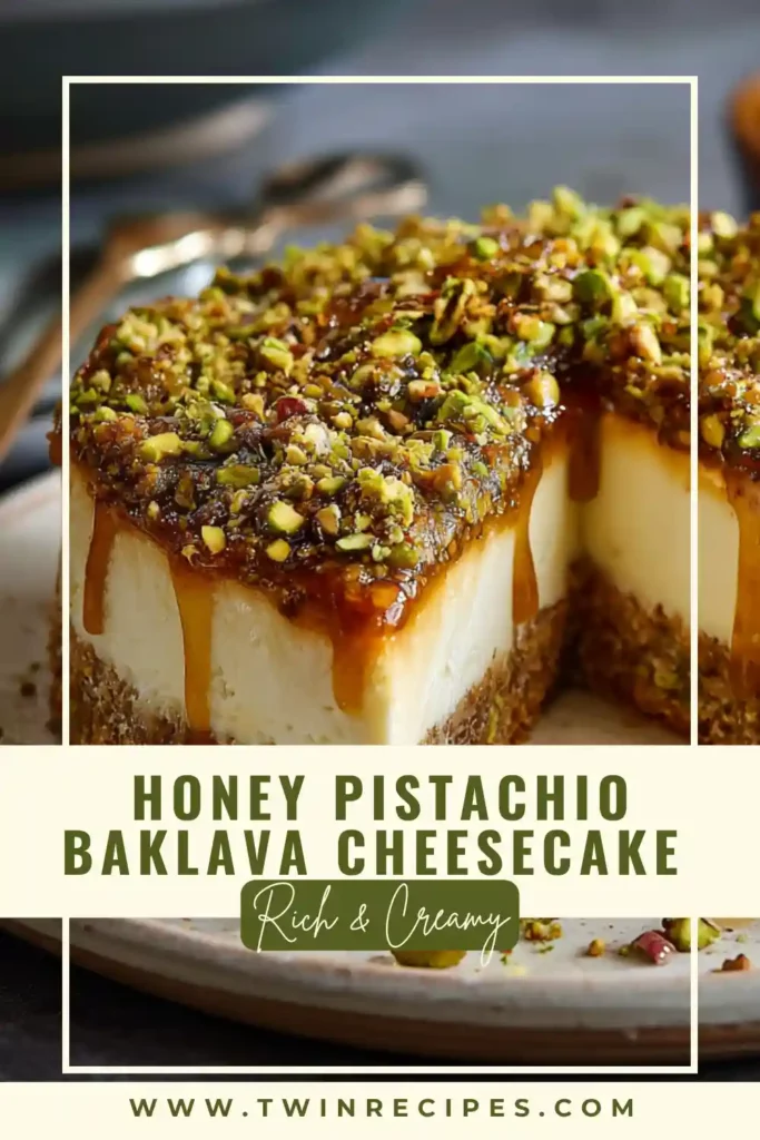 Honey pistachio baklava cheesecake topped with chopped pistachios and honey drizzle.