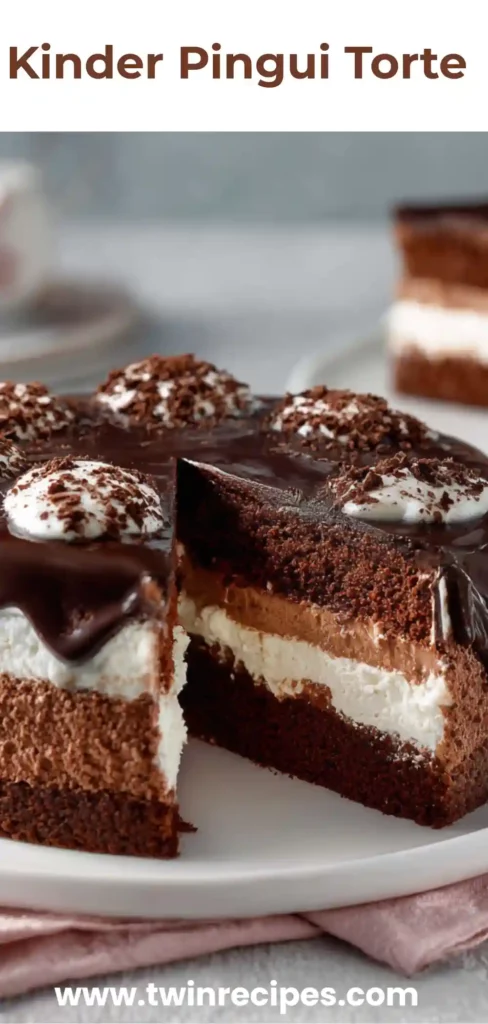 Elegant no-bake Kinder Pingui chocolate torte topped with whipped cream and chocolate curls.