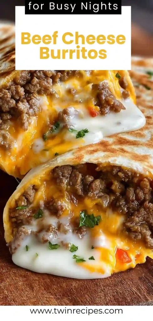 Beef cheese burritos with melted cheddar and sour cream drizzle — hearty comfort food dinner.