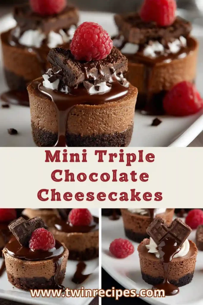 Close-up of mini triple chocolate cheesecakes showing layers of crust, creamy filling, and smooth ganache, perfect for chocolate lovers.