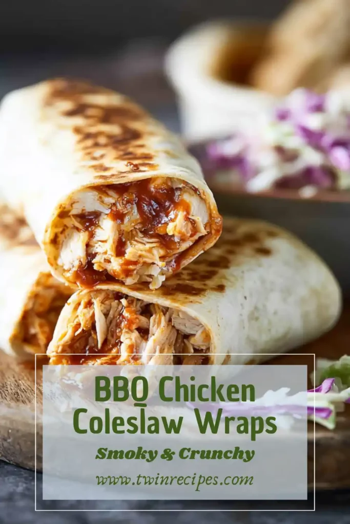 Close-up of BBQ chicken and coleslaw wrap with sauce drizzle.