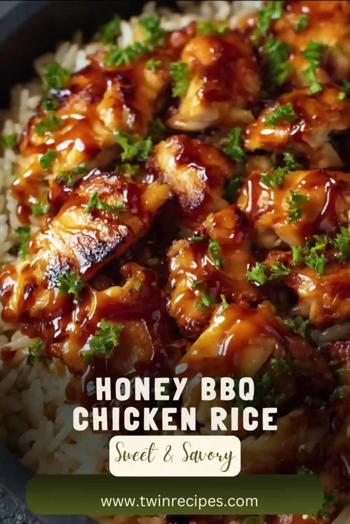Honey BBQ chicken rice bowl topped with green onions