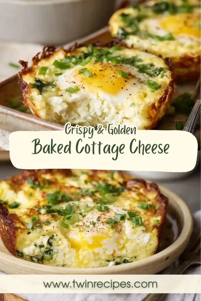 Close-up of creamy baked egg dish showing cottage cheese curds and spinach pieces.