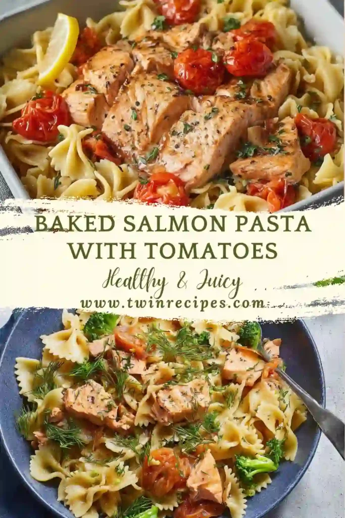 Healthy baked salmon pasta in a white dish