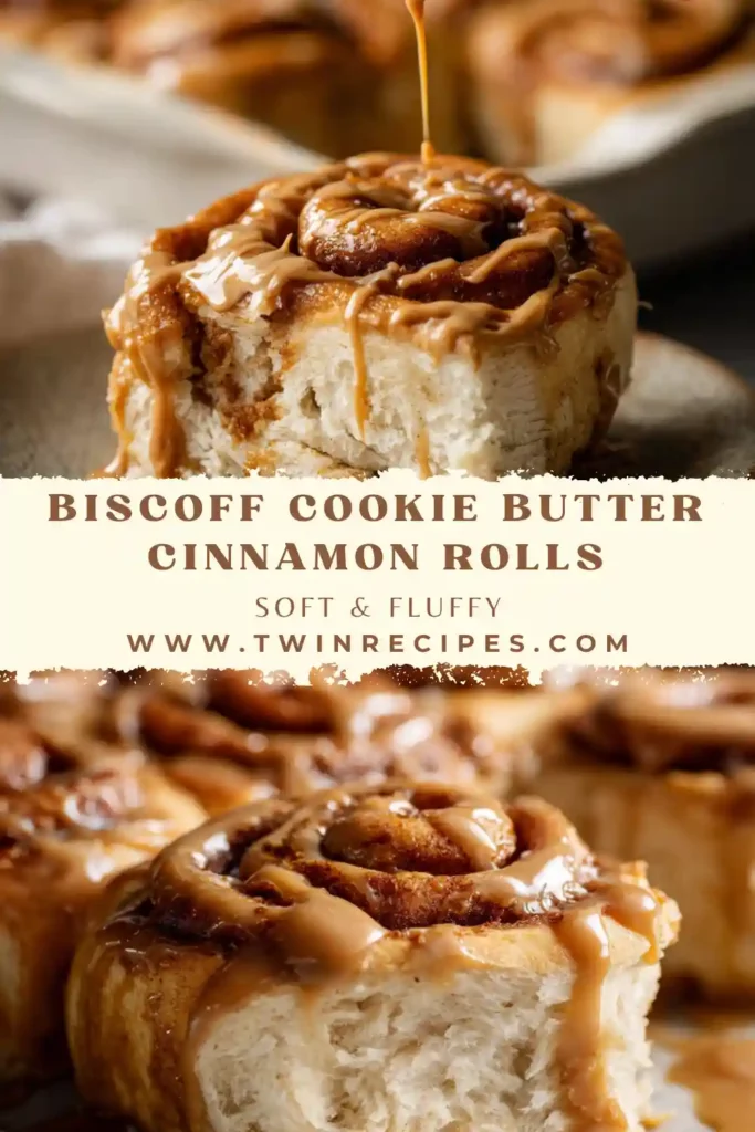 Soft cinnamon rolls with Biscoff filling on a white plate