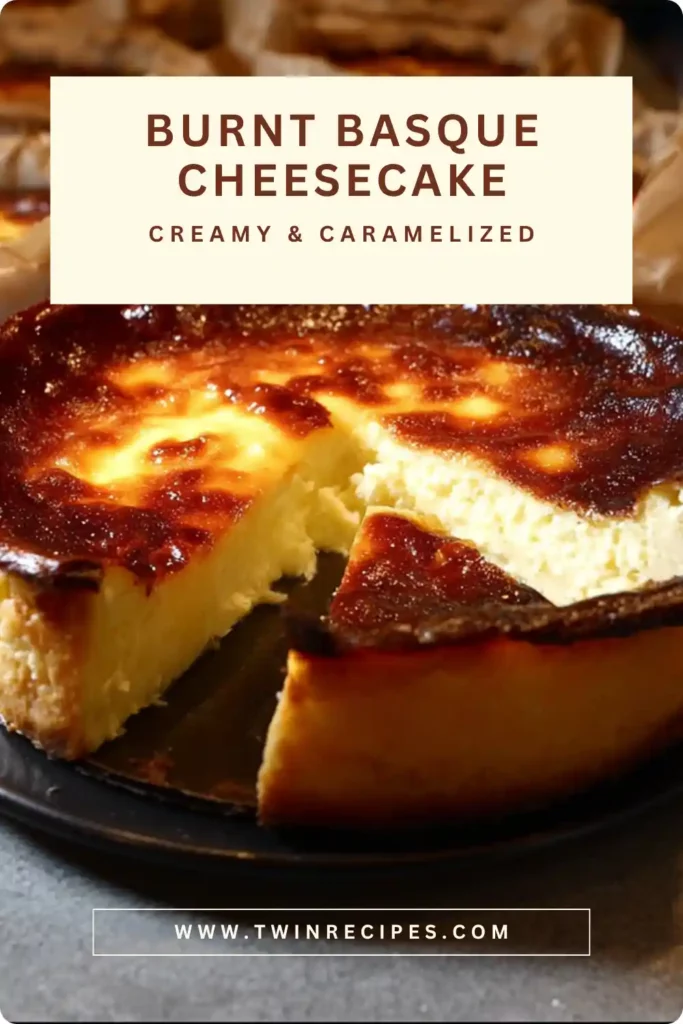 Slice of Basque cheesecake on a white plate with fork.