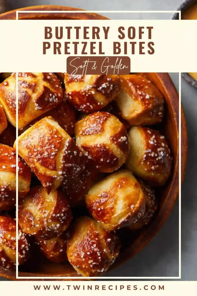 Soft pretzel bites stacked in a bowl with coarse salt crystals.