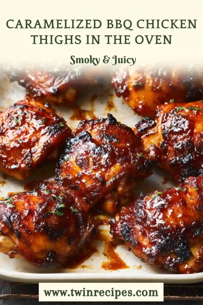 Caramelized chicken thighs baked in the oven with a sticky BBQ glaze and golden caramelized edges, showing their juicy texture and rich flavor.