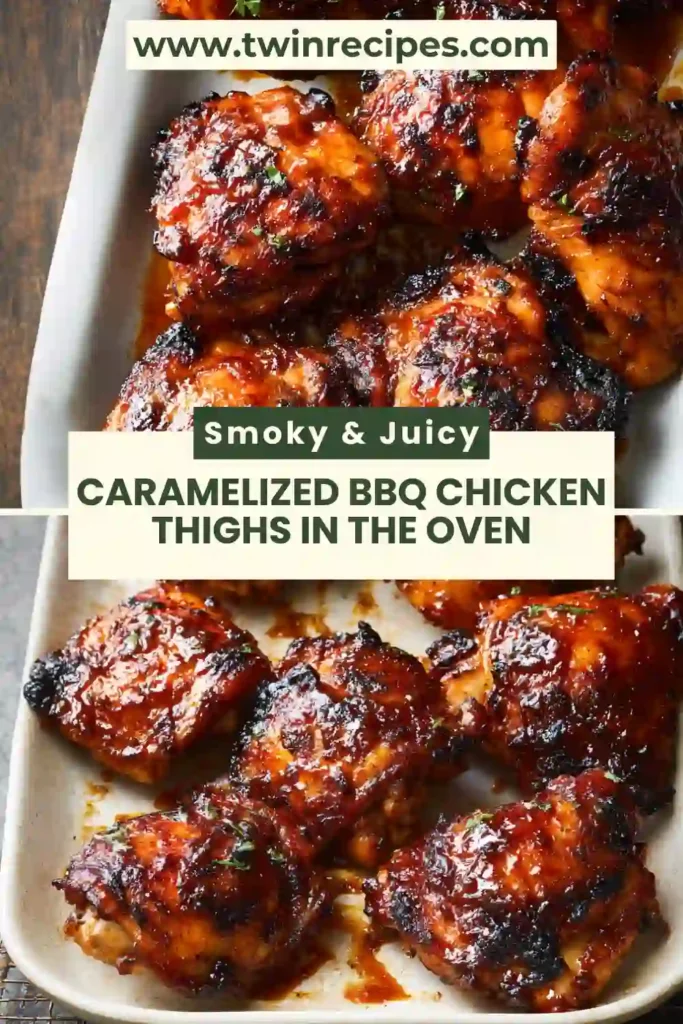 A close-up of caramelized chicken thighs fresh from the oven, coated in glossy sauce and perfectly caramelized for a tender and flavorful dinner.