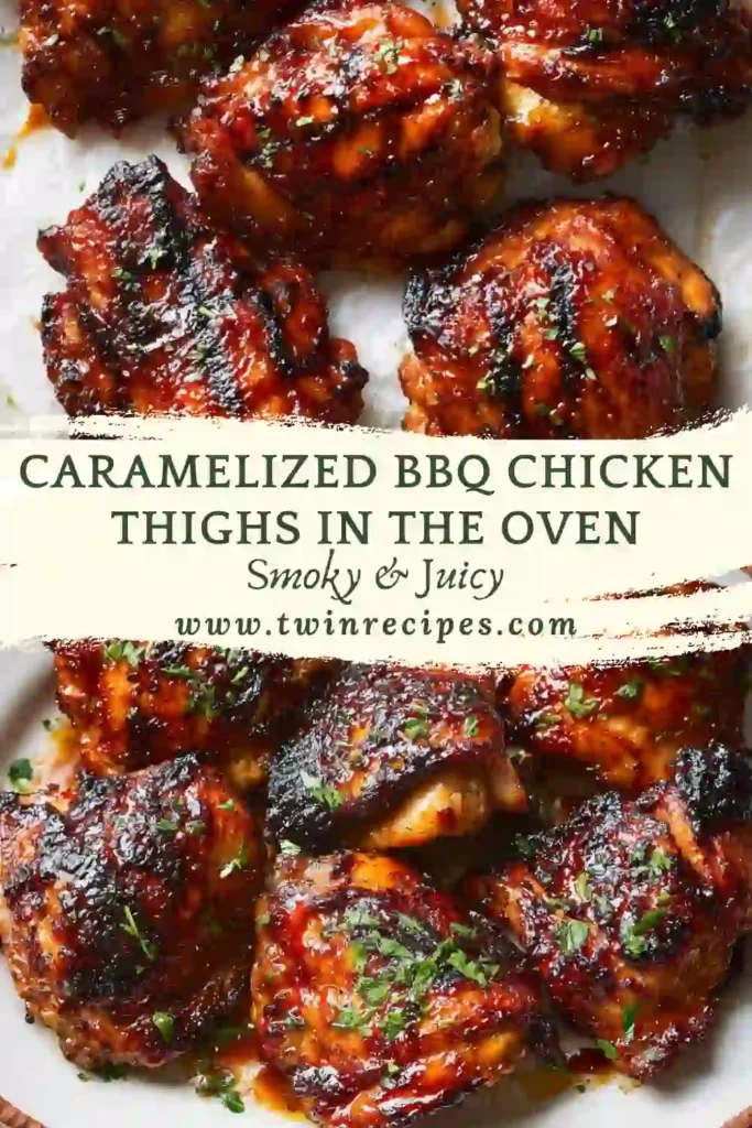 Oven-baked caramelized chicken thighs on parchment paper with bubbling BBQ glaze and crisped edges showing detailed caramelization.