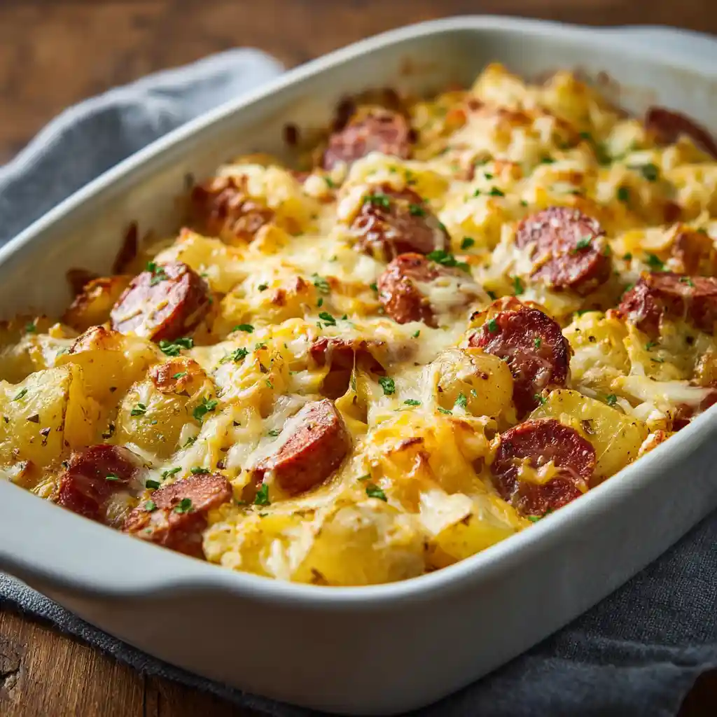 Cheesy Ranch Potatoes and Smoked Sausage One-Pan Potatoes &amp; Smoked Sausage Bake