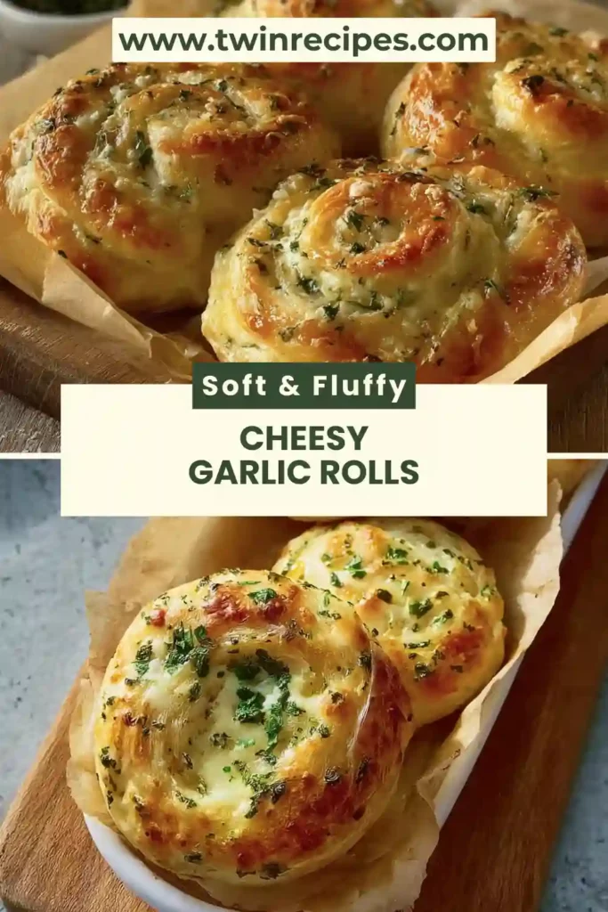 Close-up of gooey cheesy garlic roll being pulled apart showing cheese-pull and garlic butter swirl.