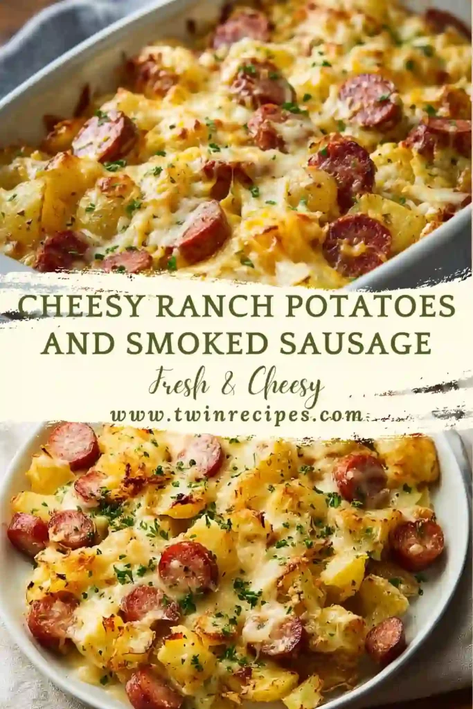 Close-up of smoked sausage rounds nestled among roasted potatoes and bubbling cheese.