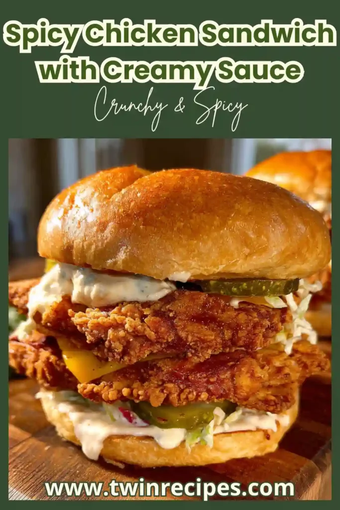 Crispy spicy chicken sandwich with creamy sauce and lettuce.