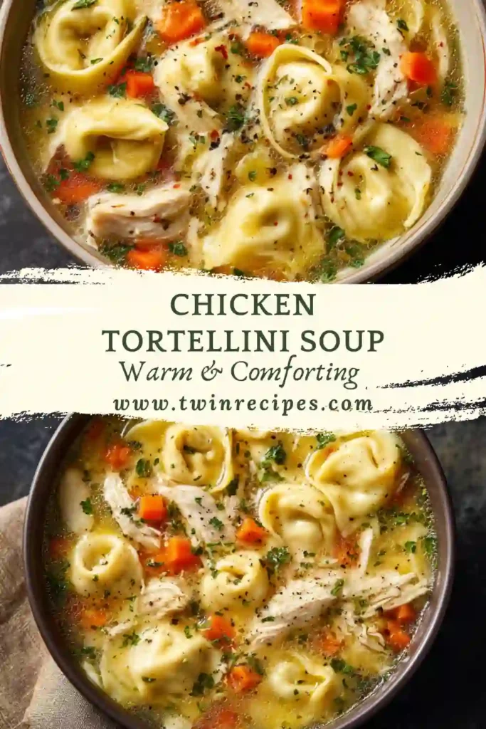 Chicken tortellini soup with vegetables and herbs in a warm broth.