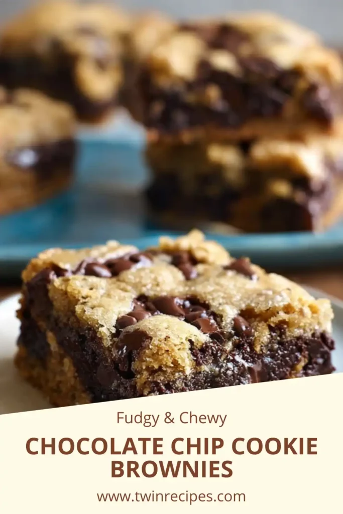 Chocolate chip cookie brownies showing a cookie top and fudgy brownie base cut into squares.