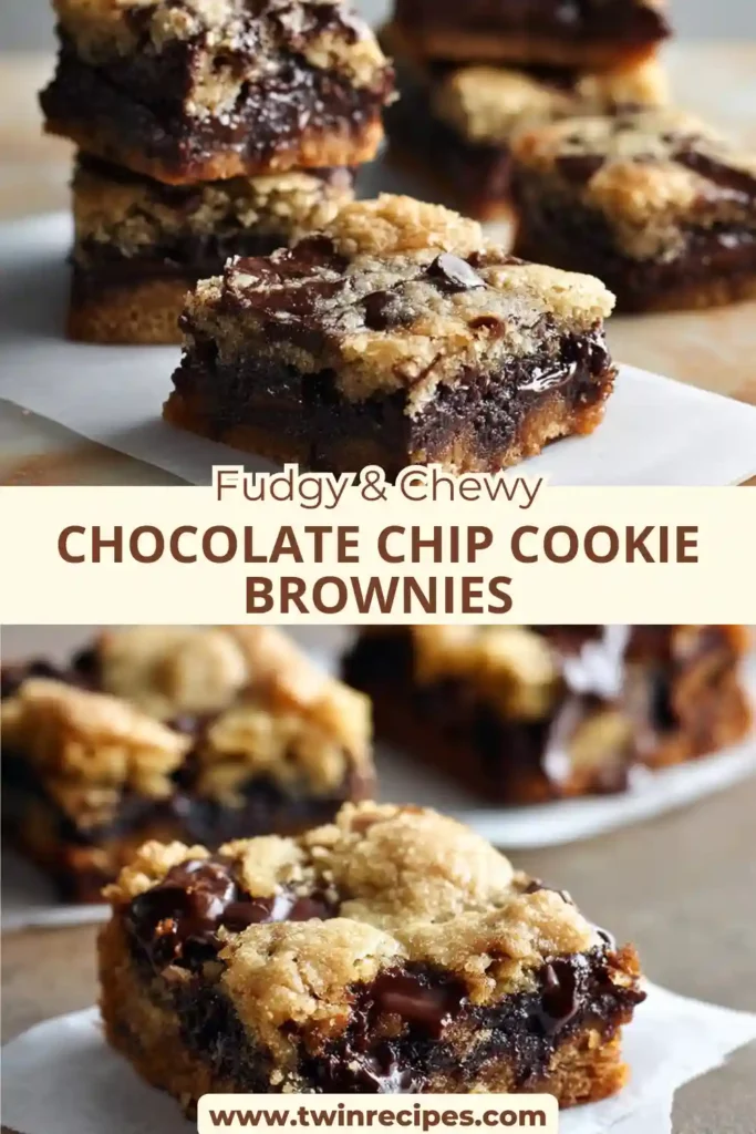 A tray of freshly baked chocolate chip cookie brownies cooling on parchment.