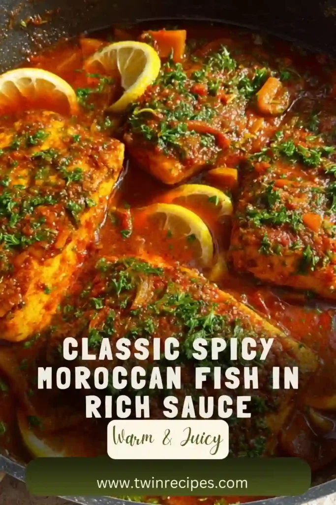 Moroccan fish fillets in rich tomato-and-bell-pepper sauce garnished with cilantro.