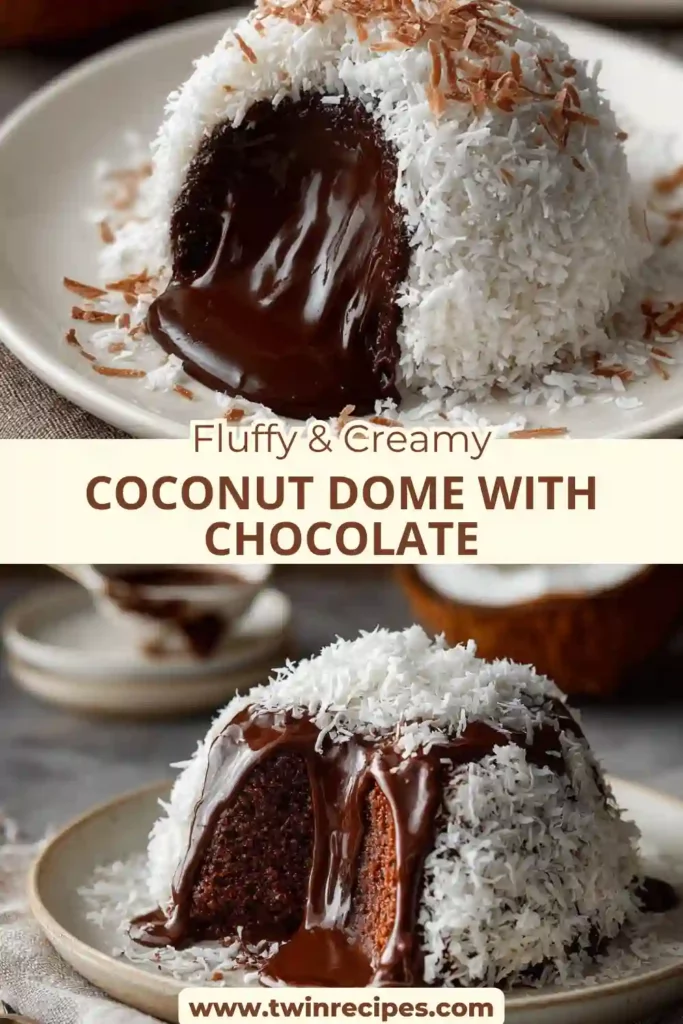 Cross-section of coconut dome showing chocolate core inside the coconut mousse.