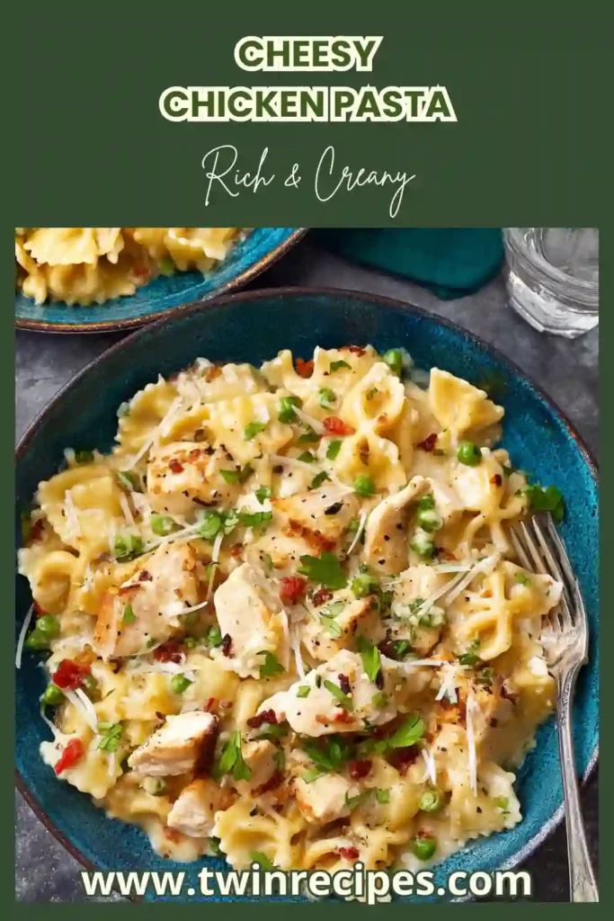 • Creamy cheesy chicken pasta in a skillet