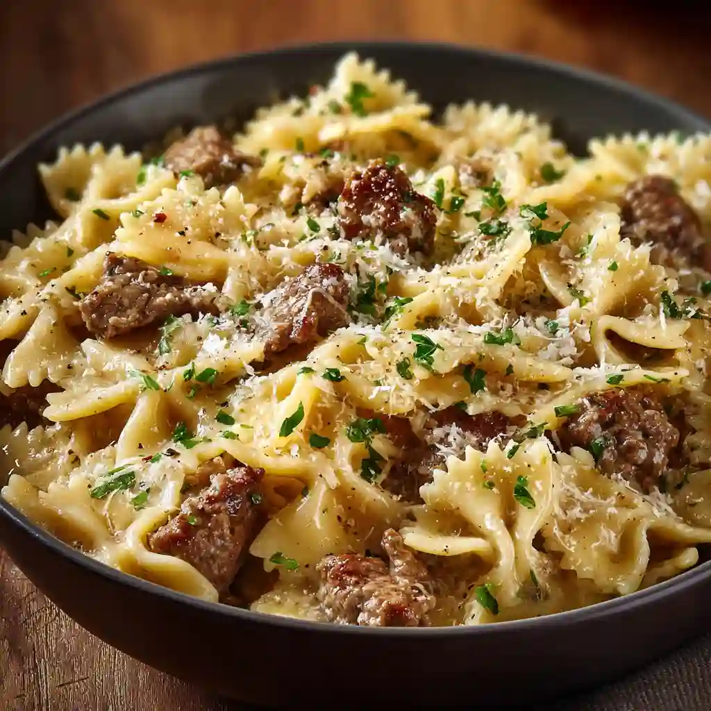 Creamy Parmesan Garlic Beef Bowtie Pasta Cheesy Garlic Parmesan Beef Pasta