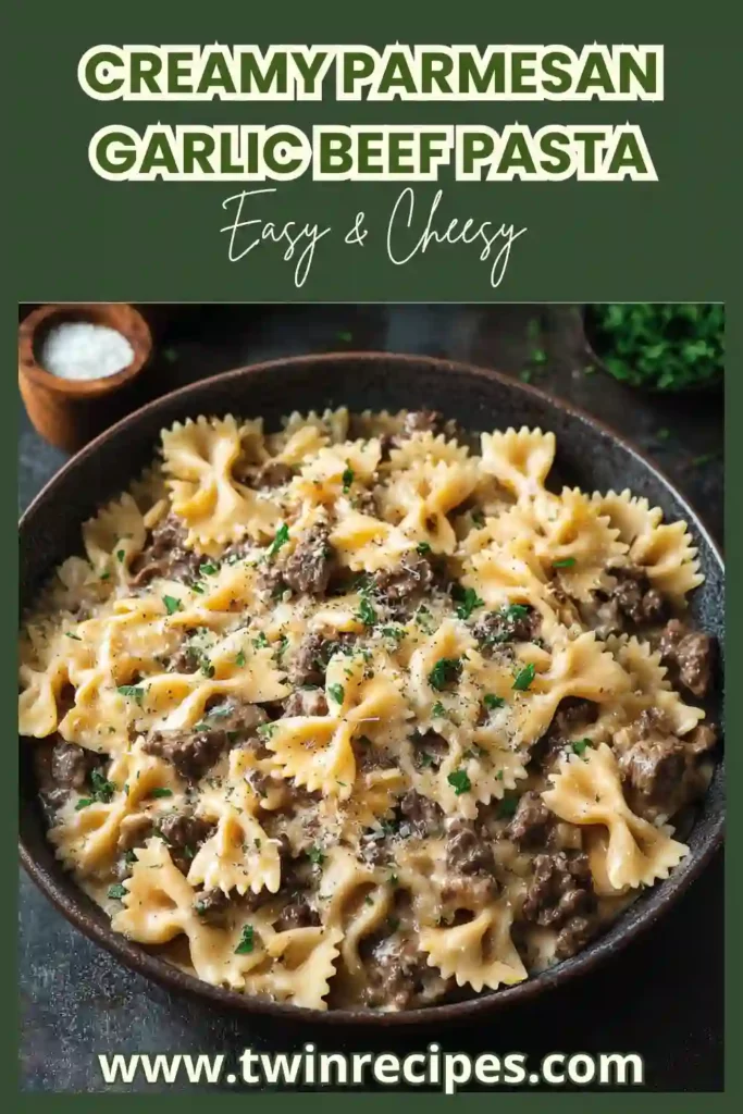 Creamy Parmesan garlic beef bowtie pasta in a skillet