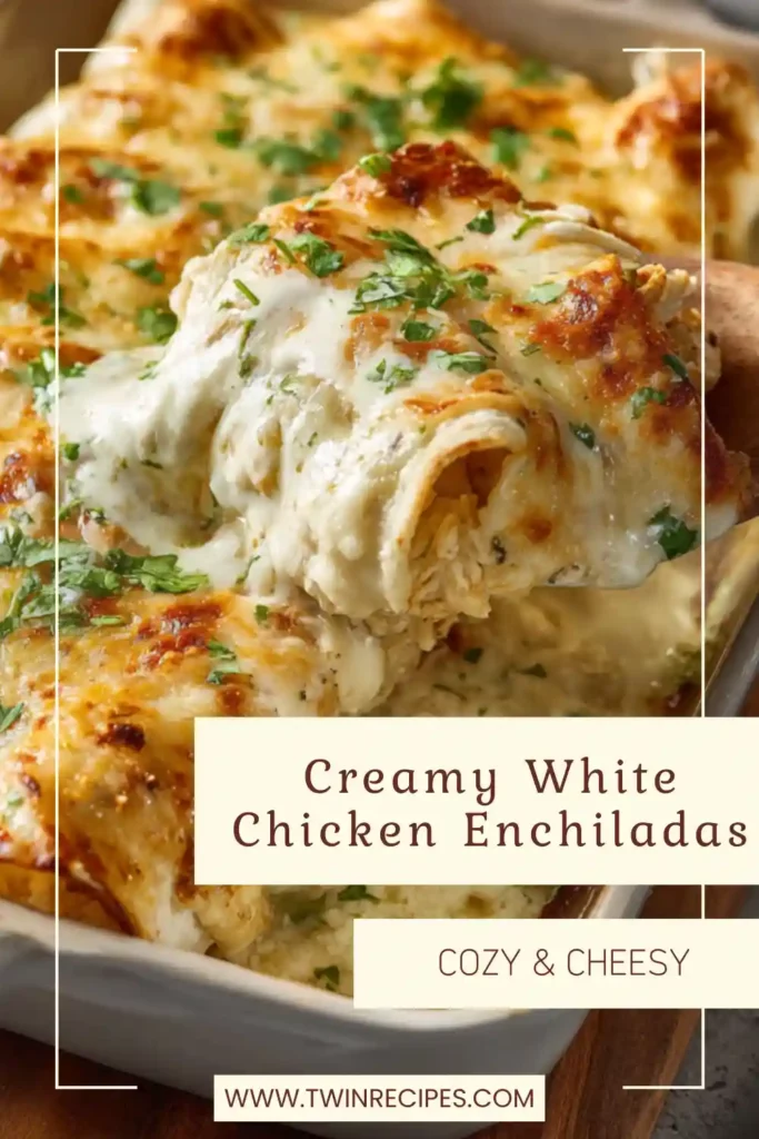 Creamy white chicken enchiladas baked in casserole dish.